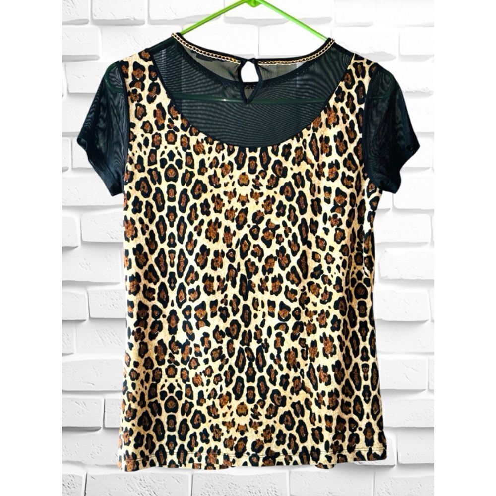 Peter Nygård Womens Petite Small Leopard Print & Black Sheer Blouse w/Gold Chain